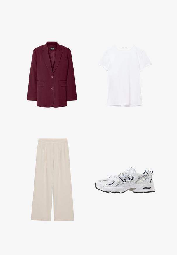 Vínový blazer s klopovou límcem, dvěma předními kapsami, dvěma knoflíky a hladkou texturou. Na vnitřní straně je viditelná značka 'PIECES'.; Bílý krátký rukáv tričko vyrobené z hladkého materiálu, s kulatým výstřihem a jemnými švy na lemu.; Béžové kalhoty s širokými nohavicemi, plochým předním dílem, záhyby a elastickým pasem. Vyrobené z lehkého materiálu s hladkým povrchem.; Bílé sportovní boty s textilním svrškem, námořnickými akcenty a polstrovanou podrážkou. Obsahují logo "N", tkaničky a texturovaný detail na boku.