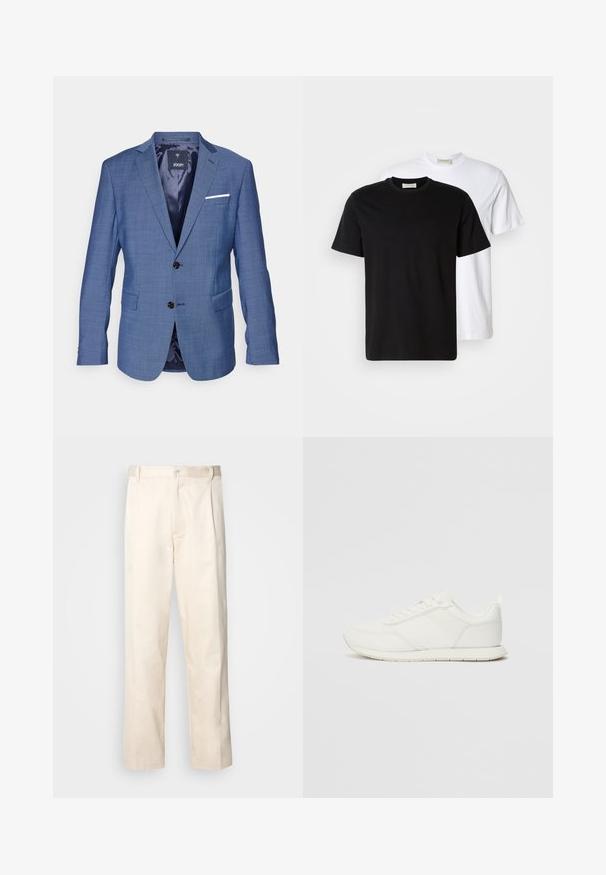 Mėlynas languotas švarkas su dviem juodais mygtukais, notch tipo atvartais, vienu baltu kišeniniu rankšluosčiu ir dviem priekinėmis kišenėmis. Išpamuota vidus.; Du riebi medvilniniai marškiniai, vieni juodi, padėti prie baltų, abu trumpomis rankovėmis ir apvaliais iškirpimais.; Bežinės medvilninės kelnės su tiesiu kirpimu, turinčios mygtuko uždarymą ir priekyje raukšles papildomai dekoratyviam akcentui.; Balti sportbačiai su tinkline ir sintetine viršutine dalimi, apvaliu nosiu, plokščiomis raištelėmis ir tekstūruota šonine juosta. Guma, kurios padas su vilkimo kilpute gale.