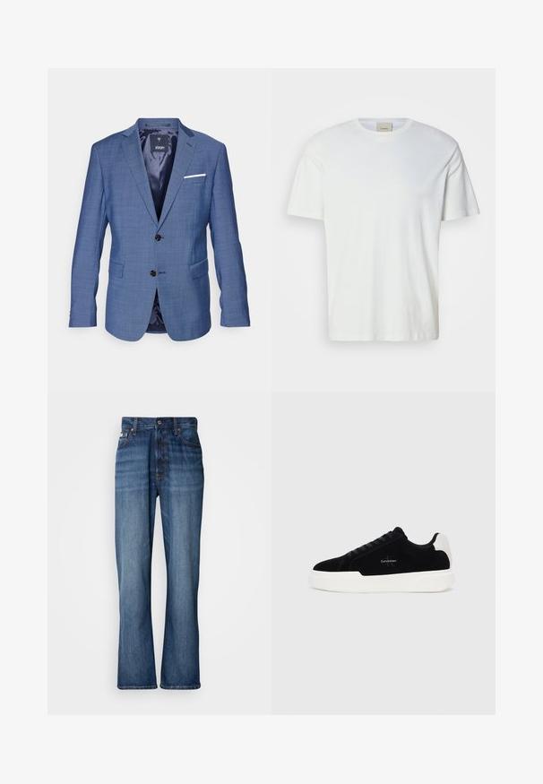 Sinine ruuduline bleiser kahe musta nupuga, sakilise kraega, ühe valge tasku ruuduga ja kahe esikahega. Vooderdatud sisemus.; Lihtne valge lühikeste varrukatega ümara kaelusega t-särk, mille krae sees on nähtav Calvin Kleini silt, esitatud neutraalsel taustal.; Sinine denim kangas, kõrge vöökoht, laienevad sääred, viie tasku disain ja tooni õmblused. Omab nööpidega sulgemist ja poppers taskuid.; Mustad mustad tossussneaker valge tallaga ja kontsaabiga, nööbid ees, ja Calvin Kleini logo küljel.