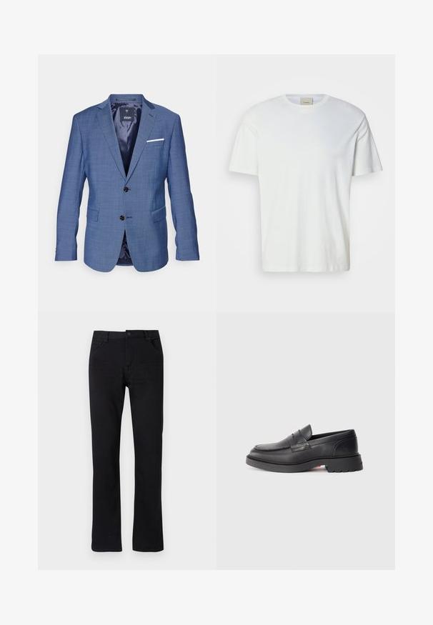 Blazer azul xadrez com dois botões pretos, lapelas com corte em notch, um lenço de bolso branco, e dois bolsos frontais. Forro interior.; Camisa T-shirt branca, de manga curta e gola redonda, com uma etiqueta da Calvin Klein visível dentro do colarinho, exibida sobre um fundo neutro.; Jeans pretos de perna reta feitos de denim. Apresentam um fecho de correr, cinco bolsos e costuras discretas. Cintura plana com passante para cinto.; Mocassins de couro preto com bico arredondado, costura elevada e sola de borracha espessa. Design simples com marcação mínima de um lado.
