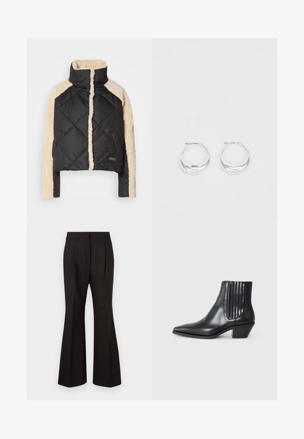 Jachetă puf cu quilting neagră, cu mâneci și guler din blană artificială crem. Are închidere cu fermoar, buzunare laterale și etichetă de marcă în partea de jos.; Top negru fără mâneci, tricotat, cu o textură ribbed și guler înalt. Prezintă o siluetă ajustată și un design minimalist.; Pantaloni negri evazați cu o textură netedă, având talie înaltă, buzunare laterale și pliuri frontale pentru un plus de detaliu în design.; Cizme negre din piele, până la gleznă, cu vârful ascuțit, panouri elastice pe laterale cu striații verticale și toc mic, de tip bloc. Textură netedă și design elegant.; Cerceluşi cu cerc din argint, cu un finisaj lucios şi cu branding DKNY, expuşi pe un fundal alb simplu.