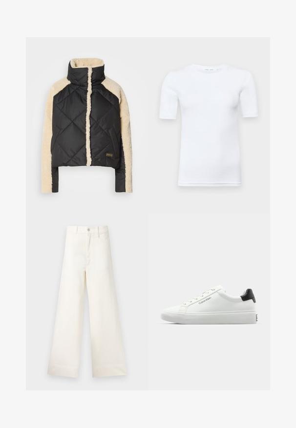 Musteline musta puffer-jakk, millel on kreemjännismaterjalist varrukad ja krae. Omab lukuga sulgemist, küljetaskuid ja brändi sildit all.; Valge lühikeste varrukatega T-särk, mis on valmistatud puuvillast. Omab ümmargust kaelust ja sileda tekstuuri, vähese nähtava õmblusega ääres.; Laiad püksid heleses puuvillas. Omavad kõrget vööd, ees on taskud ja sirge lõige. Puhtad ääred ilma mustriteta.; Valge tennisekenks, millel on sile viimistlus, must kontsatarvik ja paelaga disain. Küljel on "Calvin Klein" bränditus. Minimalistlik stiil.