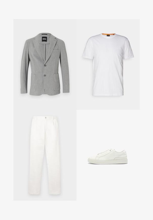 Szary marynarka z zapięciem na dwa guziki, klapami w kształcie notcha oraz dwiema przednimi kieszeniami. Wykonana z teksturowanej tkaniny, z plecionym wzorem.; Biała bawełniana koszulka z okrągłym dekoltem, krótkimi rękawami oraz subtelnie wytłoczonym logo na klatce piersiowej. Wewnętrzna metka ma pomarańczowy akcent.; Białe spodnie wykonane z gładkiego materiału, charakteryzujące się prostym krojem nogawki, plisami z przodu oraz pojedynczym zapięciem na guzik w pasie.; Białe skórzane sneakersy z fakturowaną cholewką, okrągłym czubkiem, minimalistycznym designem i gumową podeszwą z przeszyciami.