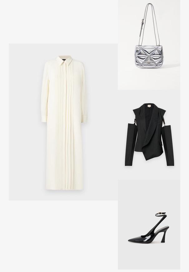 Schwarze Blazer mit Nadelstreifen und asymmetrischem Design, mit offenen Schultern. Aus strukturiertem Stoff gefertigt, mit taillierter Passform und Reverskragen.; Langes, elfenbeinfarbenes Kleid mit einem geknöpften Kragen, vertikalen Falten auf der Vorderseite, langen Ärmeln mit geknöpften Manschetten, aus leichtem Stoff gefertigt.; Schwarze Lackleder-Slingbacks mit spitz zulaufender Zehenpartie, verstellbarem Knöchelriemen und moderatem Blockabsatz. Glatte Textur mit glänzender Oberfläche.; Metallisch silberne Umhängetasche mit geometrischem, gepolstertem Design, flacher Klappe und verstellbarem Riemen mit silbernen Hardware-Akzenten.