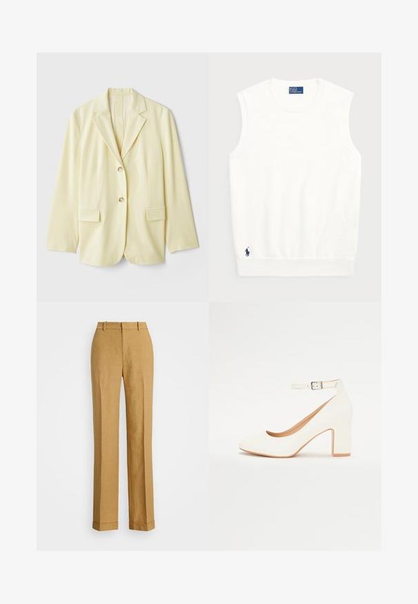 Blazer jaune clair en tissu lisse, avec un col à revers, deux poches avant et deux boutons. Silhouette ajustée avec une coupe droite.; Pull sans manches blanc en coton lisse, avec un ourlet côtelé et un petit logo bleu marine en bas à gauche. Design simple, sans motifs.; Polo Ralph Lauren YARD LINEN FULL FLAT FRONT - Pantalon classique - sand dune; Chaussure à talon aiguille blanche avec un bout pointu, un talon carré et une bride à la cheville. Fini lisse avec un éclat subtil et doublure intérieure beige.