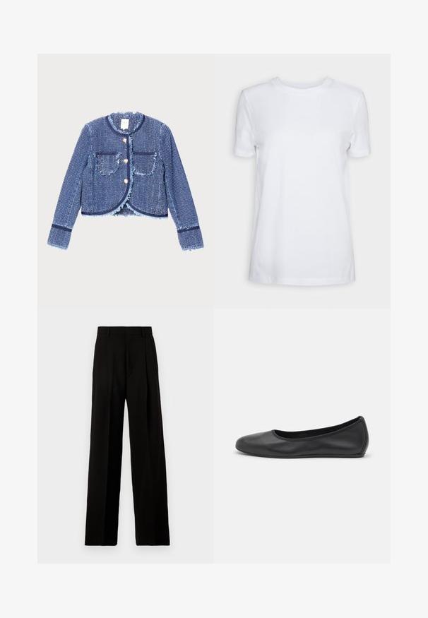 Sinine teksajakk, millel on lühendatud disain, helesinised kulunud servad, kaks esikotit ja kuldne nupuvajutus. Tekstureeritud kangas kudumisega mustriga.; Valge lühikeste varrukatega T-särk, mis on valmistatud puuvillast. Ümmargune kaelus, sile tekstuur ja ilma nähtavate mustrite või aktsentideta. Üksikasjalik stiil.; Mustad laiad mustad püksid, mis on valmistatud siledast kangast, kõrge vöökoha, ees olevate voltide ja puhta, kohandatud disainiga, ilma kaunistusteta.; Musthave mustika tantsutossud mustast nahast, ümmarguse varbaga, siledast tekstuurist, minimaalse õmblusdetailiga ja paindliku tallakujundusega.