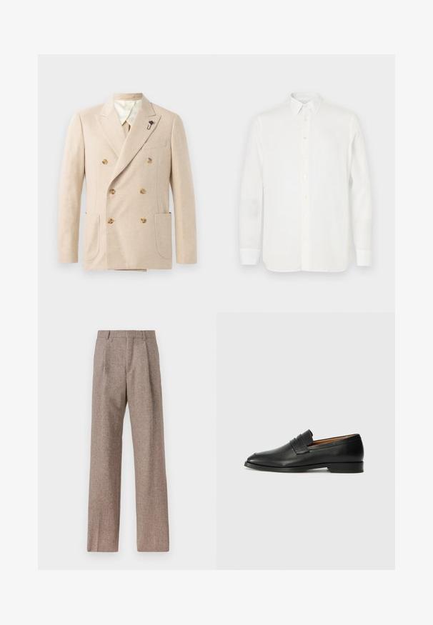 Beige double-breasted blazer in wool blend with two front pockets, cream lining, brown buttons, and a black flower pin accent.; White long-sleeve shirt made of lightweight fabric, featuring a classic collar, button closure, and straight-cut hem. Smooth texture.; Brown, high-waisted trousers made of textured fabric. Features wide legs and two front pleats for structure. Neat finish with no visible hardware.; Black leather loafer with a rounded toe, subtle stitched detailing, and a low heel, featuring a smooth texture and minimalist design.