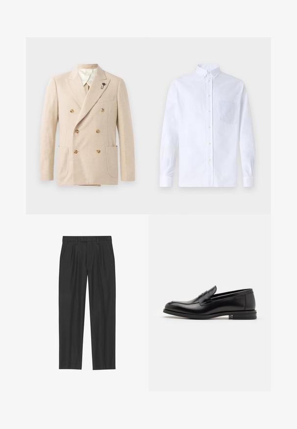 Blazer doppiopetto beige in misto lana con due tasche frontali, foderato in crema, bottoni marroni e una spilla a forma di fiore nera.; Camicia bianca a maniche lunghe con bottoni, realizzata in cotone, caratterizzata da una tasca sul petto con ricamo tonale, colletto e polsini con bottoni.; Pantaloni neri plissettati realizzati in un tessuto liscio; presentano una vita con passanti per cintura e un taglio dritto. Design minimalista senza motivi.; Mocassini neri in pelle con una texture liscia, punta arrotondata e una striscia decorativa sulla tomaia. Tacco basso impilato, design minimalista.