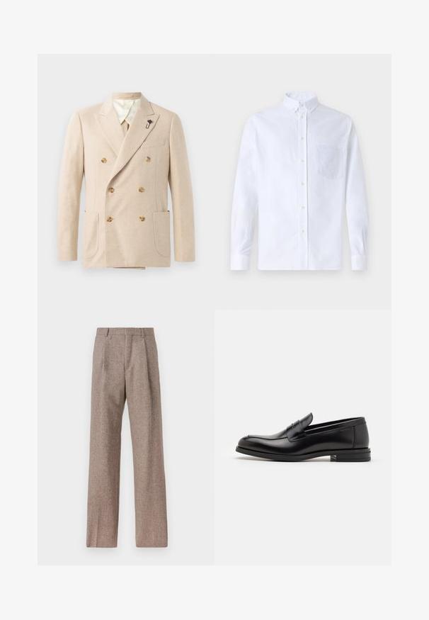 Beige, dupla gombos blézer gyapjú keverékből, két elülső zsebbel, krém színű béléssel, barna gombokkal és fekete virágos kitűző díszítéssel.; Fehér, hosszú ujjú, gombos ing pamutból, mellzsebbel, tónusos hímzéssel, gallérral és gombos mandzsettával.; Barna, magas derekú nadrág texturált anyagból. Széles szárai és két elülső redője biztosítja a struktúrát. Ízléses kivitel, látható fémszerelés nélkül.; Fekete bőr loaferek sima textúrával, kerek orral és dekoratív pánttal a vampnál. Alacsony, rétegelt sarkú, minimalista dizájn.