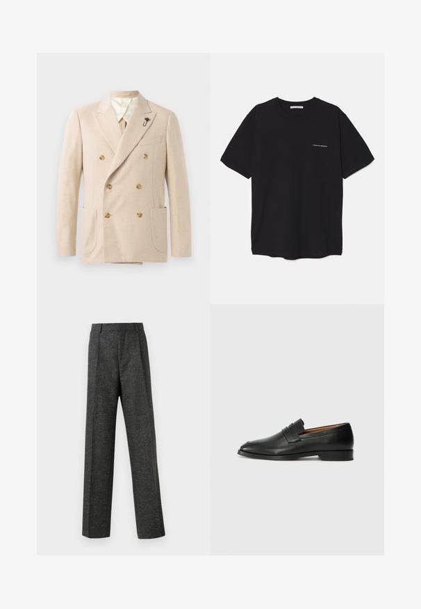 Beige dubbele rij knopen blazer van wolmix met twee voorkanten zakken, crème voering, bruine knopen en een zwarte bloemenpin als accent.; Zwarte katoenen T-shirt met een ronde hals, korte mouwen en een witte logo-print op de linkerkant van de borst. Eenvoudig, effen kleur ontwerp.; Grijze op maat gemaakte broek van gestructureerde stof, met twee voorplooien en een rechte pijp. Geen zichtbare zakken of versieringen.; Zwarte leren instapper met een ronde neus, subtiele stikdetails en een lage hak, met een gladde textuur en een minimalistisch ontwerp.