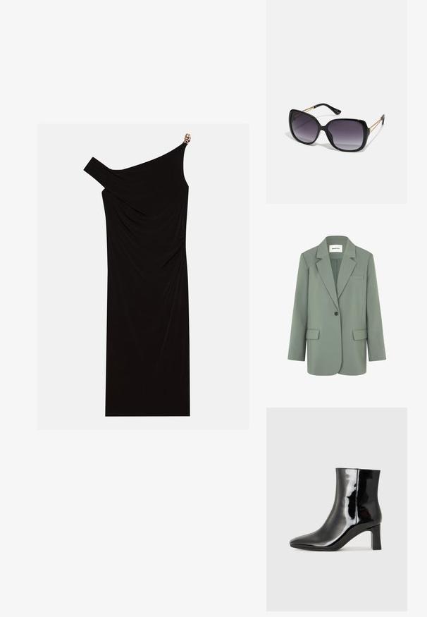 Svetlozelený blazer s jedným gombíkom, s klopovými límci, jednou náprsné vreckom a dvoma prednými vreckami. Vyrobený z hladkej látky.; Čierne šaty s jedným ramienkom vyrobené z drapériového materiálu, s zlatým akcentom na ramene, hladkou textúrou a dĺžkou po kolená.; Čierne lakované členkové topánky s špicatou špičkou a stredne vysokým blokovým podpätkom. Hladká textúra a minimalistický dizajn.; Čierne oversized slnečné okuliare s gradientovými sklíčkami, hrubými rámami a zlatým retiazkovým detailom na stranách.