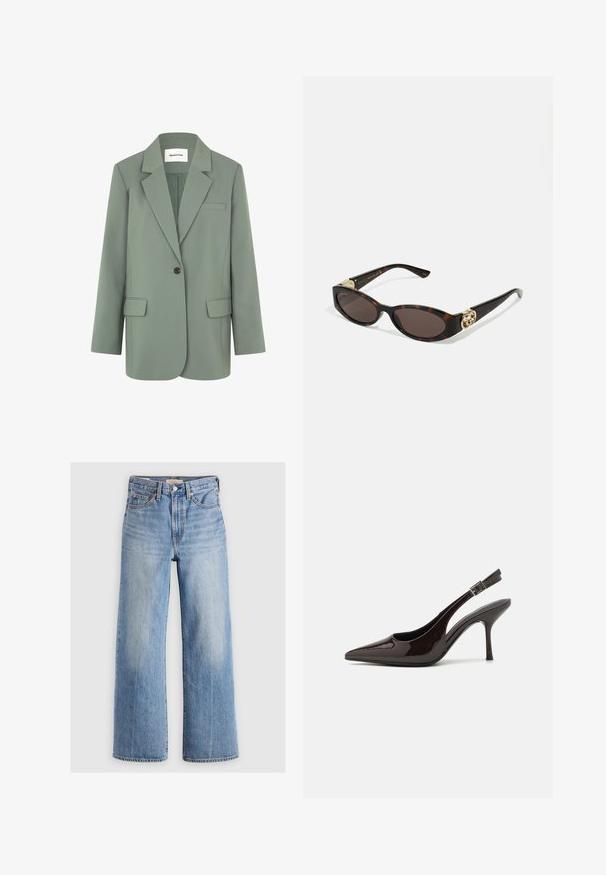 Hellgrüner Blazer mit einem Knopfverschluss, schmalen Revers, einer Brusttasche und zwei Vordertaschen. Aus einem glatten Stoff gefertigt.; Braunes Langarmhemd mit spitzem Kragen, Knopfverschluss und abgerundetem Saum. Aus glattem Stoff gefertigt, mit dezenten Knopfakzenten.; Helleblaue Jeans mit weitem Bein und hoher Taille, mit ausgewaschenen Stellen, fünf Taschen und Kontrastnähten. Klassische Knopf- und Reißverschlussöffnung.; Slingback-Pumps aus glänzendem dunklen braunen Lackleder, mit spitzer Zehenpartie, offenen Seiten und verstellbarem Knöchelriemen.; Schildpatt-Sonnenbrille mit länglich-ovalen Gläsern, braunem Farbton, goldenen Logo-Akzenten an den Bügeln und schlanken schwarzen Bügeln.