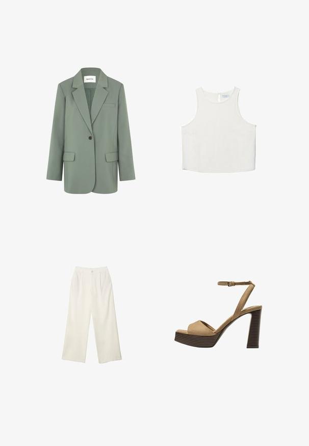Blazer vert clair avec une fermeture à un bouton, revers crantés, une poche poitrine et deux poches avant. Fabriqué dans un tissu lisse.; Haut sans manches blanc avec un col rond, présentant une texture subtile, un détail en forme de trou de serrure au dos et un ourlet droit.; Pantalons à jambes larges en tissu crème avec une texture lisse, dotés d'un seul bouton à l'avant, de plis subtils et d'un design taille haute.; Sandales à talons hauts en suede beige avec une large bride avant et une bride à la cheville, dotées d'un chunky talon en bois avec une finition texturée.