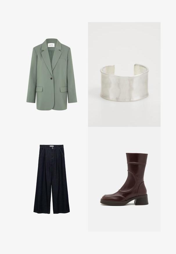 Blazer verde chiaro con chiusura a un bottone, revers a punta, una tasca sul petto e due tasche frontali. Realizzato in un tessuto morbido.; Maglietta a maniche corte in maglia beige chiaro con dettaglio di sciarpa attaccato che si adagia attorno al collo.; Pantaloni larghi in denim scuro con vita alta, dotati di chiusura frontale con bottone, due tasche laterali e dettagli di cucitura.; MIISTA MALENE  - Stivali con plateau - brown; Zign Bracciale - silver-coloured