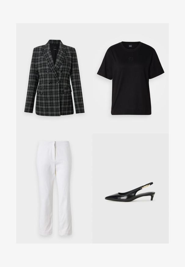 Černošedý kostkovaný blazer s klopovým límcem, dvouřadým zapínáním, dvěma předními kapsami a texturovanou tkaninou.; Černé bavlněné tričko s kulatým výstřihem, krátkými rukávy a vyšitým logem na hrudi. Jednoduchý, volný střih bez vzorů.; Bílé bavlněné kalhoty s rovnou nohavicou, s středně vysokým pasem a bez viditelných kovových prvků nebo vzorů. Hladká textura po celém povrchu.; Černé kožené boty na podpatku s otevřenou patou a špičatou špičkou, s tenkým podpatkem a zlatým akcentem na nastavitelném pásku. Hladký povrch.