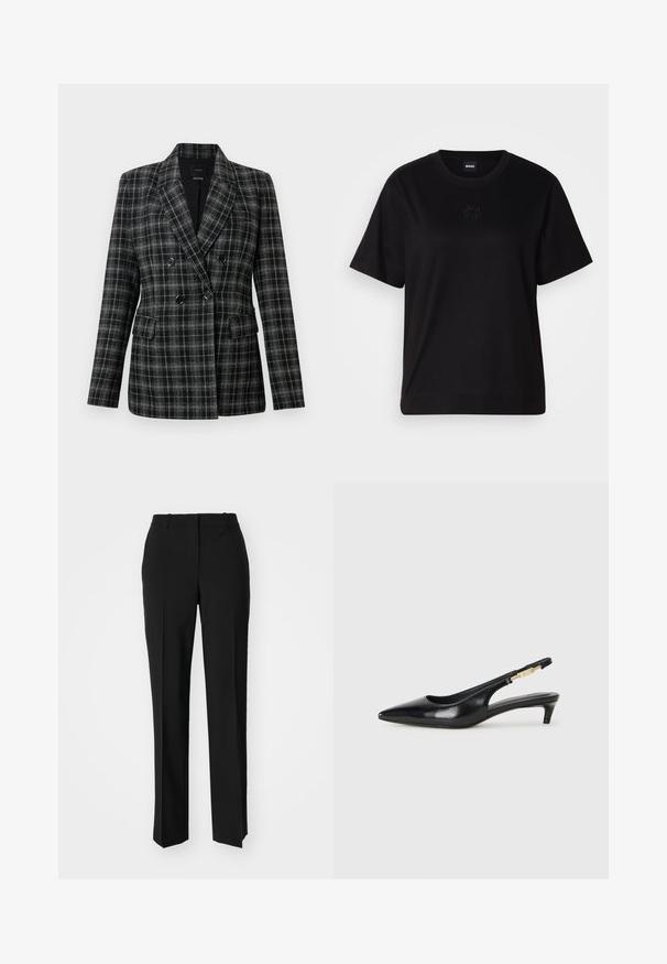 Mustriline ja hall ruuduline bleiser, millel on krae, topeltrinnaline eesmine osa, kaks eesmist taskut ja tekstuuriga kangas.; Mustmust särk, millel on ümar kaelus, lühikesed varrukad ja tindiga tikitud logo rinnal. Lihtne, mugav lõige ilma mustriteta.; Mustad ja sirged püksid, millel on sile tekstuur ja teravad voldid esiosas. Ilma nähtavate detailideta.; Mustad nahast slingback kontsad terava ninaga, millel on õhuke konts ja kuldse tooni aktsent reguleeritaval rihmal. Sile tekstuur.