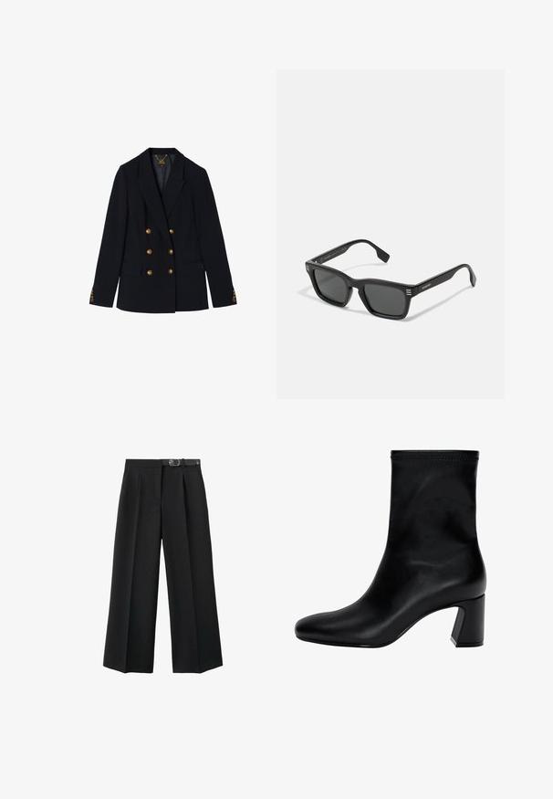 Granatowa marynarka w podwójny guziki, wykonana z sztywnego materiału, z złotymi guzikami, klapami i kieszeniami z klapami. Teksturowane akcenty na rękawach.; Beżowa bluza z kapturem z przednią kieszenią i sznurkami, z małym białym tekstem kursywą na lewej stronie klatki piersiowej.; Biała koszulka z krótkim rękawem z bawełny, z okrągłym dekoltem i luźnym krojem, bez widocznych wzorów czy grafik.; Czarne szerokie spodnie z tkaniny, z paskiem w talii, fałdami i gładką fakturą.; Czarny botek na kostkę wykonany z gładkiej skóry. Posiada kwadratowy czubek, elastyczny górny brzeg oraz masywny obcas zapewniający stabilność. Minimalistyczny design.; Czarne okulary przeciwsłoneczne z prostokątną oprawą, matowym wykończeniem, ciemnymi soczewkami oraz trzema poziomymi paskami na każdym zauszniku. Minimalistyczny design.; Czarna skórzana torba hobo o miękkim, zaokrąglonym kształcie. Ma szeroki uchwyt na górze i zgromadzenia u podstawy, co nadaje jej luźny wygląd.