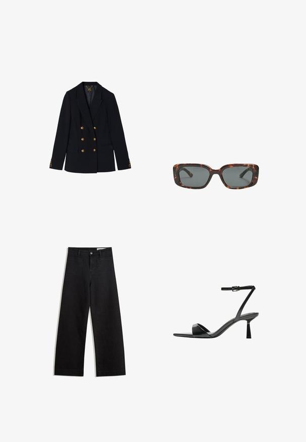 Námornícke dvojradové sako vyrobené z pevné látky, zdobené zlatými knoflíky, klopami a kapsami s klopami. Texturované akcenty na rukávech.; Černý pletený top s širokými rukávy, kulatým výstřihem a volným střihem. Tkanina má žebrovanou texturu, bez zapínání nebo vzorů.; Černé denimové kalhoty s volným střihem a vysokým pasem, vybavené předními a zadními kapsami, prošívanými švy a knoflíkovým zapínáním. Hladká textura.; Bershka Sandály na vysokém podpatku - black; Sluneční brýle ve stylu želvoviny s obdélníkovými čočkami, silnými rámy a tmavými zbarvenými čočkami. Hladký povrch a minimalistický design.