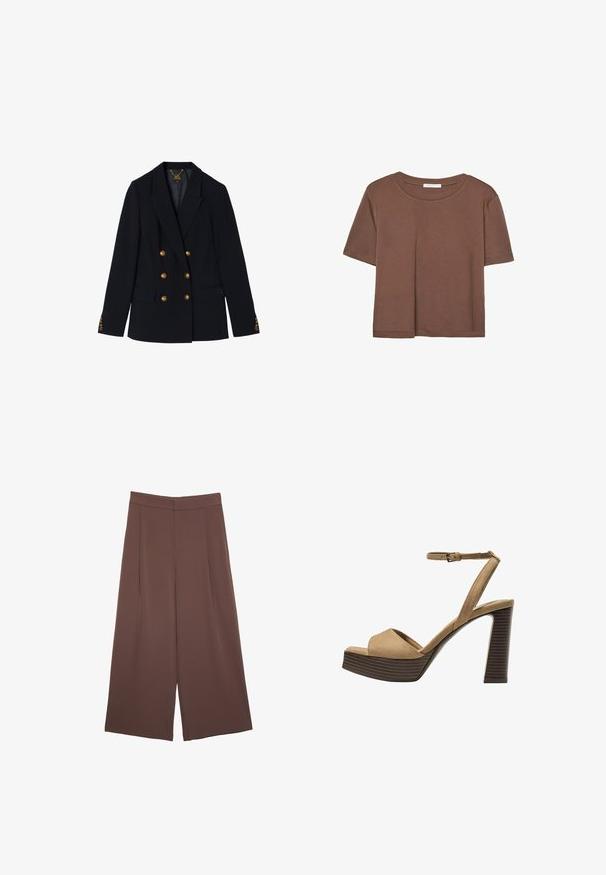 Námornícky dvojradový blejzer vyrobený z štruktúrovanej látky s zlatými gombíkmi, klopami a vreckami so spodným klopom. Textúrované akcenty na rukávoch.; Hnedé tričko s krátkym rukávom vyrobené z jemného materiálu, s okrúhlym výstrihom a voľným strihom. Žiadne viditeľné vzory ani akcenty.; Hnedé nohavice so širokými nohavicami a hladkou textúrou, s vysokým pásom a prednými skladmi. Tkanina je ľahká a voľne sa pohybuje.; Bežové semišové sandále na vysokom opätku s širokým predným pásom a pásikom okolo členka, ktoré majú masívny drevený blokový opätok s textúrovaným povrchom.
