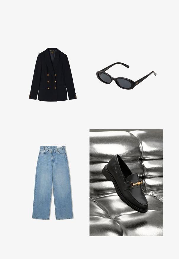 Námornícke dvojradové sako vyrobené z pevné látky, zdobené zlatými knoflíky, klopami a kapsami s klopami. Texturované akcenty na rukávech.; Hladká bílá dlouhá košile s dlouhým rukávem, kulatým výstřihem, zobrazená zezadu, ležící na bílém pozadí.; Světlé modré široké džínové kalhoty vyrobené z denimu, s vysokým pasem, pěti kapsami, knoflíkovým zapínáním a jemným vyblednutím pro texturu.; Černé kožené loafery s detaily zlatého kovu. Obuv má elegantní design a hladký, lesklý povrch.; Černé oversized sluneční brýle s oválnými čočkami, hladkým plastovým rámem a zlatými akcenty na spáncích. Tmavé čočky poskytují ochranu před sluncem.
