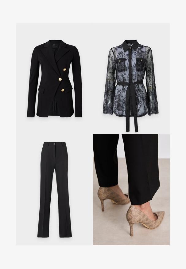 Melna žakete, kas izgatavota no gludas auduma ar pielāgotu siluetu, ar dubulto krūšu slēgšanu un zelta toņu pogām. Iekļautas sānu kabatas.; Melnas mežģīņu blūze ar garām piedurknēm, pogām kabatām uz krūtīm, klasisku apkakli un auduma jostu, kas saitē ap jostasvietu. Caurspīdīgs dizains.; Melnā ribota apaļā kakla bez piedurknēm topa ar mazu trīsstūra logo sudrabainā krāsā centrā. Pieguļošs dizains.; Melnas, pielāgotas bikses ar taisnas kājas dizainu. Iezīmes pogu aizdare, jostas cilpas un gluda, matēta tekstūra.; Bežīgas augstpapēžu kurpes ar teksturētu audumu, kas rotāts ar atkārtotu rakstu. Norādītā pirksta dizains ar aizmugurējo akcentu un zelta papēža detaļām.