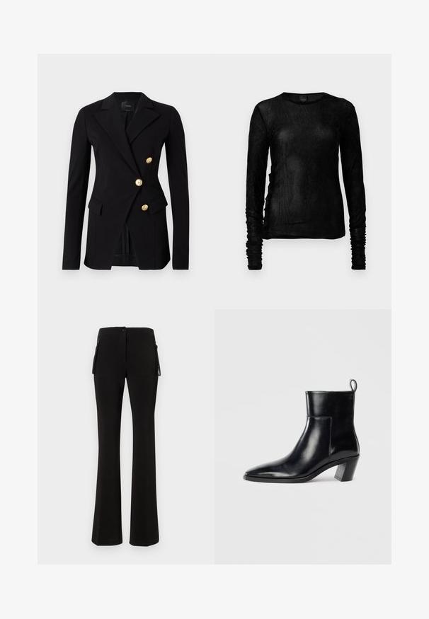 Black blazer made of smooth fabric with a tailored fit, featuring a double-breasted design and gold-tone buttons. Includes side pockets.; Black long-sleeve top in a lightweight, textured fabric with gathered accents along the sleeves and side seams. Crew neckline.; Black flared pants made of a smooth, stretchy material. Features a front button closure and side zip pockets for added utility.; Black leather ankle boot with a pointed toe, a geometric stacked heel, and a pull tab at the back. Smooth texture and sleek design.