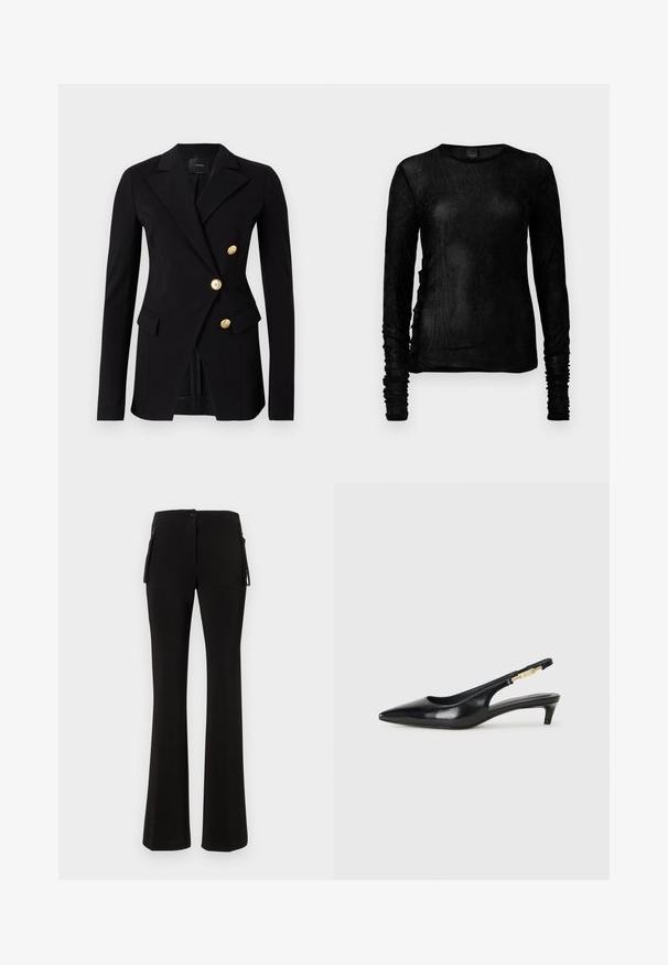 Black blazer made of smooth fabric with a tailored fit, featuring a double-breasted design and gold-tone buttons. Includes side pockets.; Black long-sleeve top in a lightweight, textured fabric with gathered accents along the sleeves and side seams. Crew neckline.; Black flared pants made of a smooth, stretchy material. Features a front button closure and side zip pockets for added utility.; Black leather slingback heels with a pointed toe, featuring a slim heel and a gold-tone accent on the adjustable strap. Smooth texture.