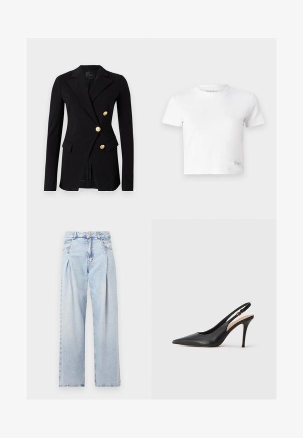 Juodas švarkas, pagamintas iš lygios medžiagos, su pritaikytu siluetu, turintis dvigubą užsegimą ir auksinės spalvos mygtukus. Įtraukti šoniniai kišenės.; Balta trumpa marškinėlių suapvalinta iš lygios medvilnės, su aukštu iškirpimu ir trumpomis rankovėmis. Mažas išsiuvinėtas logotipas apatinėje kampe.; Šviesiai mėlyni džinsai su aukštu liemeniu, plačiomis kojomis, dviem šoninėmis kišenėmis ir raukinių dizainu. Minkšta tekstūra su nudilusia apdaila.; Juoda odinė slingback aukštakulnė batai su smailiu pirštu, glotnia tekstūra ir delikatia juosta su metaline sagtimi.