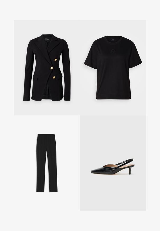 Czarna marynarka z gładkiego materiału, o dopasowanym kroju, z podwójnym zapięciem i guzikami w odcieniu złota. Zawiera boczne kieszenie.; Czarny bawełniany t-shirt z okrągłym dekoltem, krótkimi rękawami i haftowanym logo na piersi. Prosty, luźny krój bez wzorów.; Czarne spodnie o dopasowanym kroju z prostymi nogawkami, z przednimi kieszeniami i gładką, teksturowaną tkaniną. Schludne, minimalistyczne wykończenie.; Czarne lakierowane szpilki slingback o spiczastym nosku, z małym obcasem i wycięciem na wierzchu. Złote akcenty na boku.
