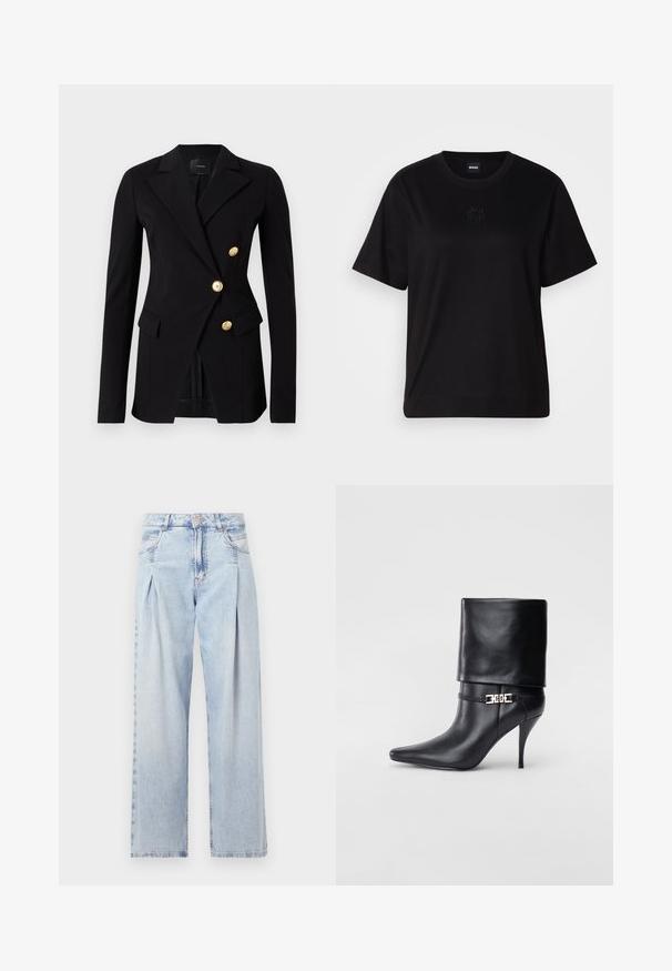 Musthave musta bleiser sileda kangast, mis on täpselt lõigatud. Bleseer on kahe rinnaga disainiga ja kuldsete nuppudega. Tootel on küljetaskud.; Mustmust särk, millel on ümar kaelus, lühikesed varrukad ja tindiga tikitud logo rinnal. Lihtne, mugav lõige ilma mustriteta.; Heledad sinise denimist valmistatud teksapüksid kõrge vöökohaga, laia jala lõikega, kahe külje taskuga ja pleedi disainiga. Pehme tekstuur ja pleekinud viimistlus.; Mustad nahast pahkluu saapad terava nina, kõrge stilettokanna, volditud äärega ja kuldse dekoratiivse pandlaga pahkluul.