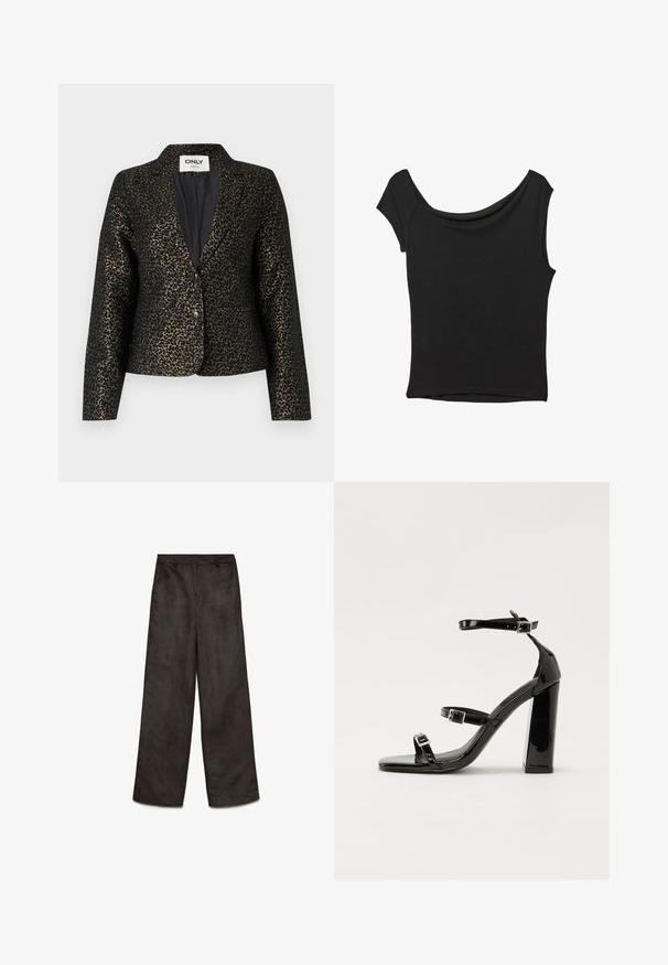 Czarna i złota marynarka w panterkę z zapięciem na jeden guzik, kontrastowymi klapami i dwoma przednimi kieszeniami. Miękki, fakturowany materiał.; Czarna bluzka z krótkim rękawem, wykonana z gładkiego materiału; posiada dekolt w stylu drapowanym oraz asymetryczny dół, z dopasowanym krojem.; Szerokie, czarne spodnie materiałowe o gładkiej, miękkiej teksturze. Posiadają kieszenie z przodu i zamek błyskawiczny. Czysty design bez widocznych wzorów.; Czarne lakierowane sandały na obcasie z kwadratowym noskiem, z paskami wokół kostki i srebrnymi klamrami. Posiadają masywny słupek dla stabilności.