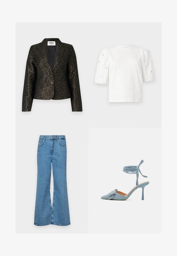 Black and gold leopard print blazer with a single-button closure, contrasting lapels, and two front pockets. Soft, textured material.; White cotton t-shirt with short puff sleeves, featuring small silver embellishments along the sleeves. Classic round neckline, relaxed fit.; Light blue flared jeans made of denim, featuring a high waist, five pockets, and a single button closure. Soft texture with faded finish.; Pointed-toe high heel shoe in light blue fabric with a textured finish, featuring a bow accent and ankle strap for secure fit.