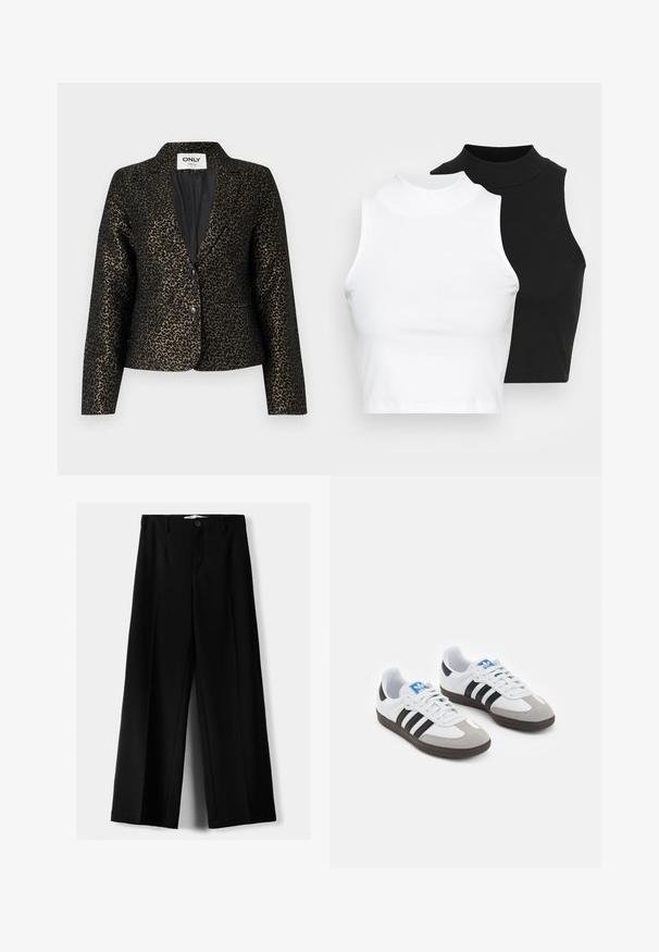 Sort og guld leopardprint blazer med en enkelt knaplukning, kontrasterende revers og to forlommer. Blødt, struktureret materiale.; To kjoleløse ribbede turtleneck-toppe i sort og hvid, med en tætsiddende design og glat tekstur, samt cropped længde.; Sorte brede bukser lavet af letvægtsstof, med frontknaplukning og glat front, samt pænt syede kanter.; Sportsko med en overdel i hvid læder, grå ruskind på tåen og tre sorte striber. Har et blåt logo på tungen og en struktureret gummisål.