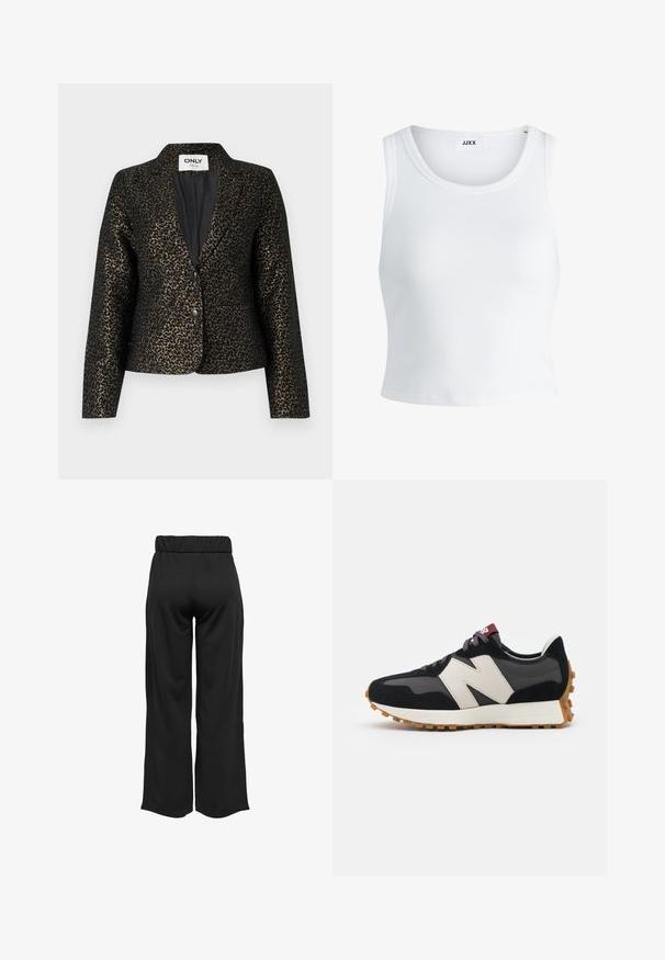 Zwarte en gouden luipaardprint blazer met een enkele knoopsluiting, contrasterende revers en twee voorzakken. Zacht, gestructureerd materiaal.; Witte geribbelde tanktop met een ronde hals, zonder mouwen en een cropped lengte. Label draagt "JJXX." Gladde stoftextuur.; Zwarte, wijde broek met een elastische tailleband, gemaakt van gladde stof. Heeft een strakke uitstraling zonder zakken of zichtbare stikseldetails.; Zwarte en grijze suède sneaker met een groot crèmekleurig "N"-logo, paarse veters en een gestructureerde rubberen zool van gum.