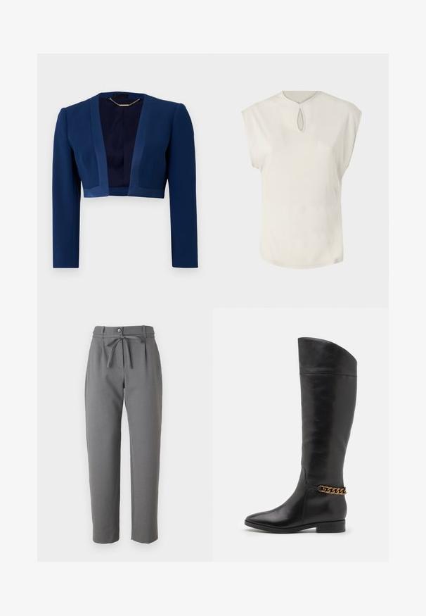 Tumedat sinine lühike jakk pika varrukaga, valmistatud siledast kangast, sügava V-kaelusega ja minimalistlike disainielementidega.; Valge lühikeste varrukatega topp ringkaelusega ja väikese avausega esiosas. Sujuv tekstuur, lõdva lõikega ja veidi kõverdatud serv.; Hallid hallid kitsad püksid, mis on valmistatud siledast kangast, nup closure ja pael vööl. Taskud pole nähtavad.; Kõrged mustad nahast saapad, millel on stiilne disain, terav nina ja kuldne kett aktsent pahkluul. Madal plokk-konts. Sile tekstuur.