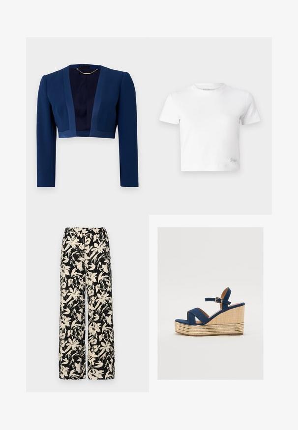 Morsko plava skraćena jakna s dugim rukavima, izrađena od glatkog materijala, s dubokim V-izrezom i minimalističkim dizajnerskim detaljima.; Bijela skraćena majica izrađena od glatkog pamuka, s visokim izrezom i kratkim rukavima. Mali izvezeni logo u donjem kutu.; Crne široke hlače s kremastim cvjetnim uzorkom. Izrađene od lagane tkanine, sa glatkom teksturom i visokim pojasom.; Tamnoplava platform sandalica s križnim trakama, teksturirana platforma od prirodne vlaknaste materije, i zlatni metalni detalj na bazi.
