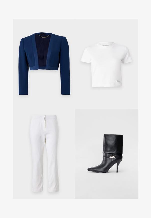 Tumedat sinine lühike jakk pika varrukaga, valmistatud siledast kangast, sügava V-kaelusega ja minimalistlike disainielementidega.; Valge lühike t-särk, mis on valmistatud siledast puuvillast, kõrge kaelusega ja lühikeste varrukatega. Väike tikand logoga alumises nurgas.; Valged puuvillased püksid sirge lõikega, keskmise kõrgusega vöökoht ja ilma nähtavate detailide või mustriteta. Ühtlane sile tekstuur.; Mustad nahast pahkluu saapad terava nina, kõrge stilettokanna, volditud äärega ja kuldse dekoratiivse pandlaga pahkluul.