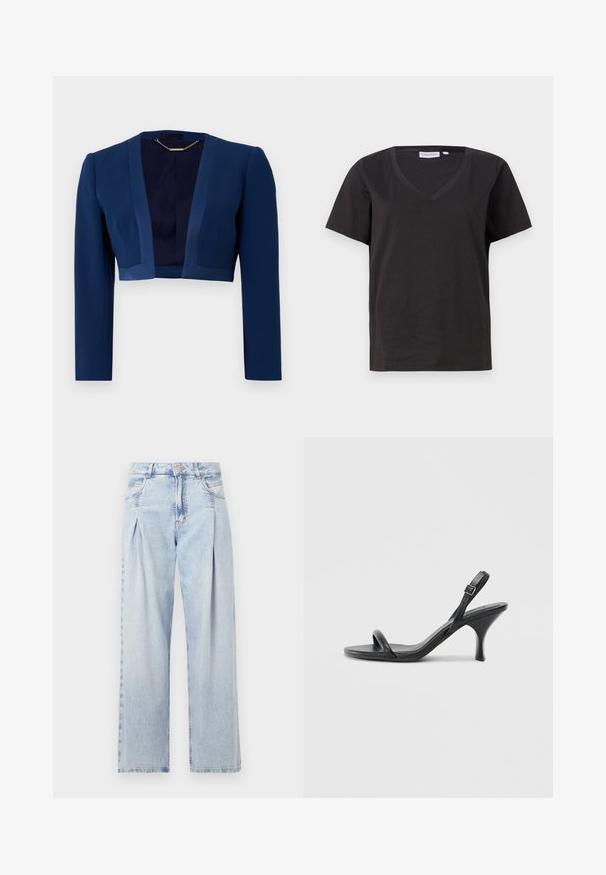 Navy blue cropped jacket with long sleeves, made of smooth fabric, featuring a deep V-neckline and minimalistic design details.; Black cotton T-shirt with a V-neck and short sleeves. Simple design with a regular fit and no patterns or accents.; Light blue denim jeans with a high waist, wide-leg cut, two side pockets, and pleated design feature. Soft texture with a faded finish.; Black leather high-heeled sandals with a slim, curved heel and a crossed strap design. Adjustable ankle strap. Smooth texture.