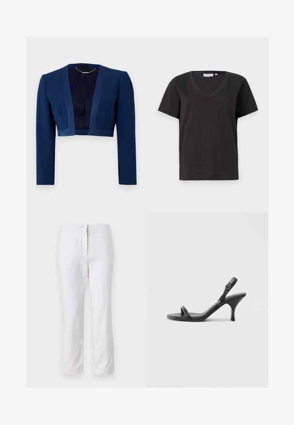 Námornícky modrá skrátená bunda s dlhými rukávmi, vyrobená z hladkej tkaniny, s hlbokým výstrihom do V a minimalistickým dizajnom.; Čierne bavlnené tričko s výstrihom do V a krátkymi rukávmi. Jednoduchý dizajn s bežným strihom a bez vzorov alebo akcentov.; Biele bavlnené nohavice so striedmym strihom, s pásom strednej výšky a bez viditeľných kovových prvkov alebo vzorov. Hladká textúra po celom obvode.; Čierne kožené sandále na vysokom podpätku s štíhlym, zakriveným podpätkom a prekríženým pásikovým dizajnom. Nastaviteľný pásik okolo členka. Hladká textúra.