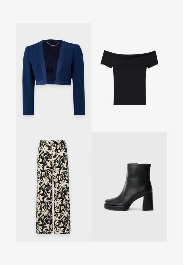 Sötétkék, rövidített szabású dzseki hosszú ujjakkal, sima anyagból készült, mély V-nyakkivágással és minimalista dizájn részletekkel.; Fekete, vállnál szabott felső, puha, rugalmas anyagból készült. Rövid ujjakkal és fitted sziluettel rendelkezik. Egyszerű, varrás nélküli kialakítás.; Fekete, bő szárú nadrág krém színű virágmintával. Könnyű anyagból készült, sima tapintású és magas derékrésszel rendelkezik.; Fekete bőr bokacsizma tömbsarkal és platform talppal, oldalról nézve, sima fehér háttéren.