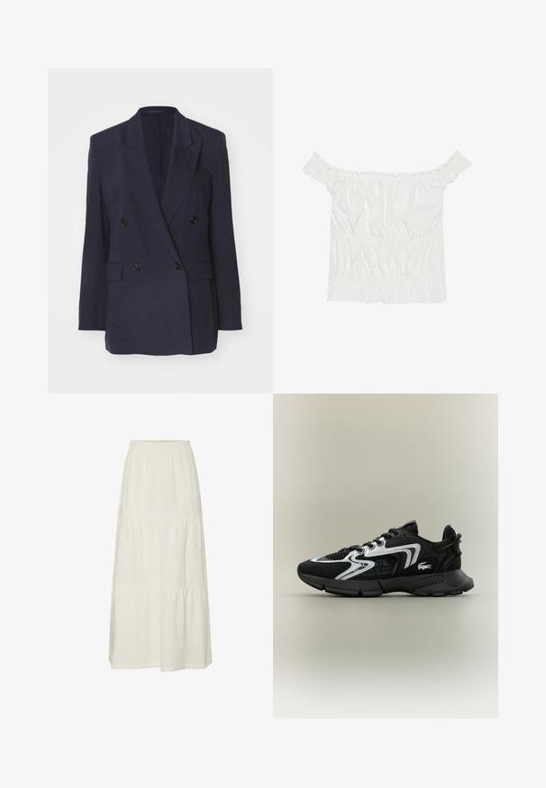 Dvojaravni modri blazer z zaznamovanim ovratnikom, dvema sprednjima žepoma in gladko teksturo ter črnimi gumbi.; Bela bluzo brez naramnic z nabranimi detajli, nabranim teksturiranjem in elastičnim pasom. Narejena iz mehkega bombažnega blaga.; Bela maksi krila s plastmi, izdelana iz lahkotnega, strukturiranega materiala z elastičnim pasom. Ima tri ločene sekcije iz različnega materiala.; Črne atletske čevlje z mrežnimi paneli, srebrnimi akcenti in teksturiranimi črnimi prekritji. Imajo vezalke in ukrivljen, trpežen podplat.