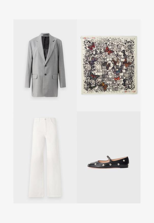 Pilkas švarkas su vienu plyšiu, dviem priekinėm kišenėm ir dviem mygtukais. Tekstūruota medžiaga su lygiu vidiniu pamušalu. Su įpjovomis apykaklė.; Balta trumpa rankovėmis nupjauta marškinėliai, pagaminti iš minkštos medžiagos, su subtiliu įspauduotu prekės ženklo logotipu kairėje krūtinės pusėje.; Balsviesti, aukštu liemeniu plačiakelnės džinsinės kelnės. Jos turi mygtukų užsegimą, dvi priekinės kišenes ir siūlams su siuvinėtojais.; Juodų odinių Mary Jane plokščių batų su apvaliu pirštu, papuoštų sidabriniais apvaliais nagais ir reguliuojamu dirželiu su sagtimi.; Kvadratinis šilkinis šalikas, kuriame pavaizduotos detalius drugelių piešiniai įvairiomis spalvomis ant šviesaus fono, su juodais kontūrais ir dekoratyviniais raštais.