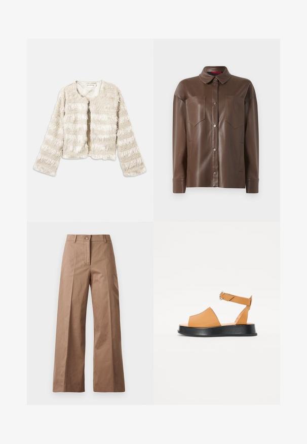 Krem boje skraćeni lažni krzneni bundi s dugim rukavima i horizontalnim teksturiranim prugama, otvorenog prednjeg dijela i okruglim izrezom.; Smeđa faux kožna košulja-jakna s ovratnikom, prednjim kopčanjem na gumbe i dva džepa na prsima. Ima glatku teksturu i prilagođeni kroj.; Smeđe hlače širokih nogavica od glatkog materijala, s prednjim zatvaračem na dugme, dvjema prednjim džepovima i čistim, oblikovanim linijama.; Smeđe kožne sandale s širokim prednjim dijelom, otvorenim prstima, podesivim remenom i debelim crnim platformama. Glatka tekstura i minimalistički dizajn.