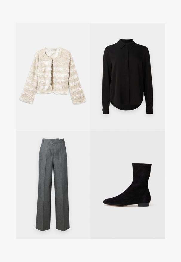 Jachetă de blană falsă, de culoare crem, cu mâneci lungi și dungi texturate orizontale, cu față deschisă și guler rotund.; Bluză lungă neagră cu mâneci lungi, guler ascuțit, placket cu nasturi ascunși și tiv curbat pe un fundal alb simplu.; Pantaloni evazați din țesătură gri închis, având talie înaltă, pliuri frontale și un sistem de închidere cu un singur nasture pe lateral.; Cizme scurte din suede negre, cu un știft ajustat, vârful ascuțit și un toc mic, pătrat. Textură netedă și design minimalist, potrivite pentru un stil versatil.