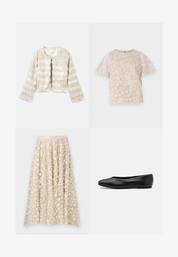 Cremefarbener, gekürzter Kunstpelzmantel mit langen Ärmeln und horizontalen strukturierten Streifen, offener Vorderseite und rundem Ausschnitt.; Beige Bluse mit floralem Stickmuster, durchsichtigen Puffärmel, Rundhalsausschnitt und Reißverschluss hinten. Texturiertes Blumenmuster auf der Vorderseite.; Blumenstickerei auf einem transparenten, crèmefarbenen Rock mit einem Satinbund. Das Design zeigt kleine, zarte Blumen und Blätter.; Paul Smith TOPANGA - Klassischer Ballerina - black