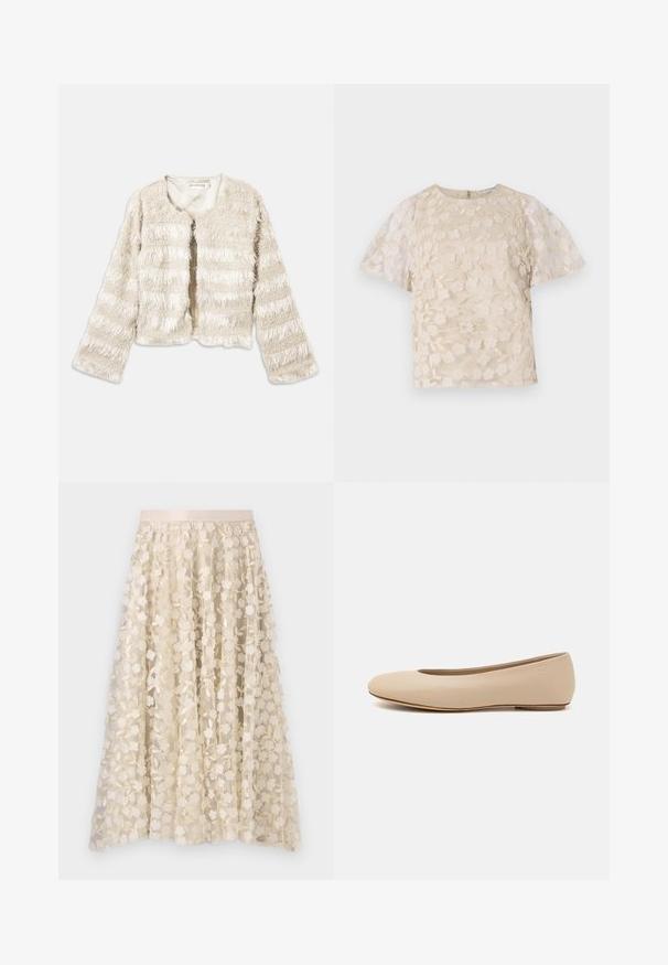 Krémová skrátená umelá kožušinová bunda s dlhými rukávmi a horizontálnymi textúrovanými pruhmi, otvorený predný diel a zaoblený výstrih.; Béžová blúzka s kvetinovou výšivkou, priesvitnými balónovými rukávmi, okrúhlym výstrihom a zadným zipsom. Textúrovaný kvetinový vzor na prednom panely.; Kvetinová výšivka na priesvitnej sukni v krémovej farbe so saténovým pásom. Dizajn obsahuje malé, jemné kvety a listy.; Béžové kožené baleríny s okrúhlym prstom, minimálnym švom, nízkym podpätkom a diskrétnym logom na zadnej strane. Hladká, matná textura.
