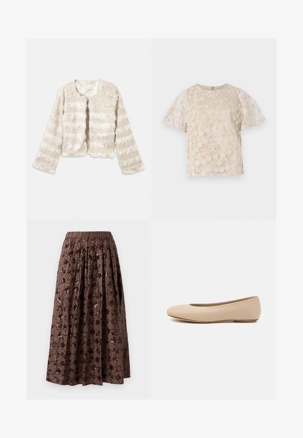 Cremefarbener, gekürzter Kunstpelzmantel mit langen Ärmeln und horizontalen strukturierten Streifen, offener Vorderseite und rundem Ausschnitt.; Beige Bluse mit floralem Stickmuster, durchsichtigen Puffärmel, Rundhalsausschnitt und Reißverschluss hinten. Texturiertes Blumenmuster auf der Vorderseite.; Brauner Midirock mit elastischem Bund, verziert mit floralen Pailletten, mit plissiertem Design und glatter Stofftextur.; Beige Leder-Ballerina mit runder Zehenform, minimaler Nahtgestaltung, niedrigem Absatz und dezentem Logo auf der Rückseite. Glatte, matten Oberfläche.