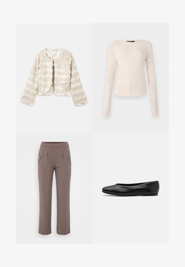 Cremefarbener, gekürzter Kunstpelzmantel mit langen Ärmeln und horizontalen strukturierten Streifen, offener Vorderseite und rundem Ausschnitt.; Langärmliges, hellbeiges Oberteil mit rundem Ausschnitt. Aus weichem Stoff gefertigt, verfügt es über eine zentrale Naht und einen leicht geschwungenen Saum. Keine sichtbaren Beschläge.; Taupe-lockere Hose mit elastischem Bund und vorderen Falten, gefertigt aus glattem Stoff.; Paul Smith TOPANGA - Klassischer Ballerina - black