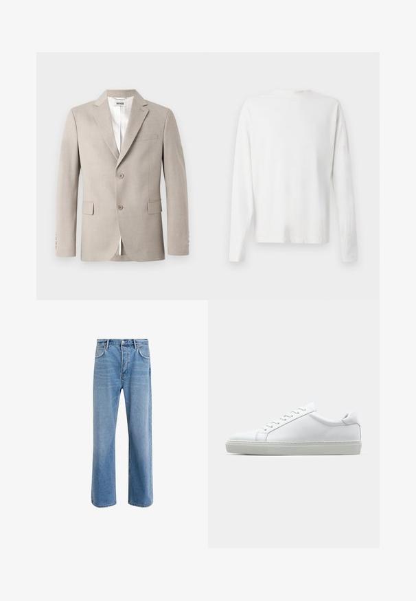 Blazer beige con revers a punta, due bottoni, taschino sul petto e tasche a ribalta. Realizzato in tessuto testurizzato, con foderatura bianca.; Camicia bianca in cotone a maniche lunghe con scollatura rotonda, spacchi laterali in fondo e una texture liscia, mostrata da dietro.; Jeans in denim blu chiaro con design a gamba dritta, cinque tasche, chiusura con bottone, leggero sbiadimento e dettagli di cucitura a contrasto.; Sneaker bianco con tomaia in pelle liscia e profilo basso. Presenta una punta arrotondata, sei occhielli e una suola in gomma testurizzata.
