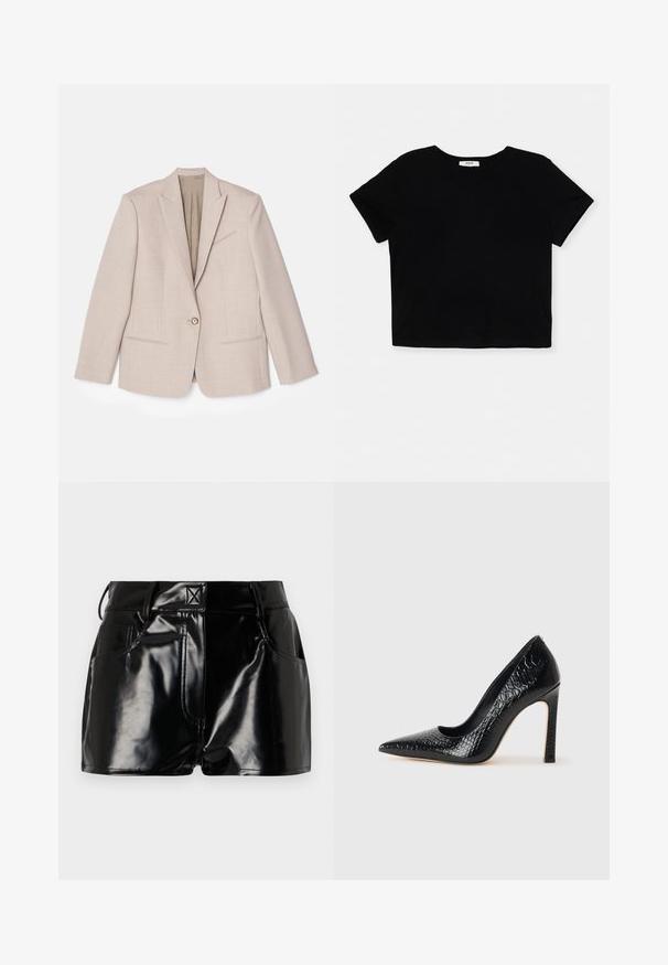 Bež strukturiran blazer, zapiranje z enim gumbom, zarezan ovratnik, teksturirana tkanina z majhnimi vzorci, dva sprednja žepa, nezašita notranjost.; Črn skrajšan majica iz mehkega bombaža, ima kratke rokave, okroglo ovratnik in čist rob brez okrasnih elementov.; Črne, sijoče kratke hlače iz sintetičnega materiala. Imajo prilegajoč pas, zanke za pas in sprednje žepe z izrazitimi šivi.; Črne čevlje z visoko peto in konico v obliki puščice, z teksturo krokodilje kože, ki se ponašajo s sleek oblikovanjem, visokim stiletto peto in gladkim črnim notranjostjo.